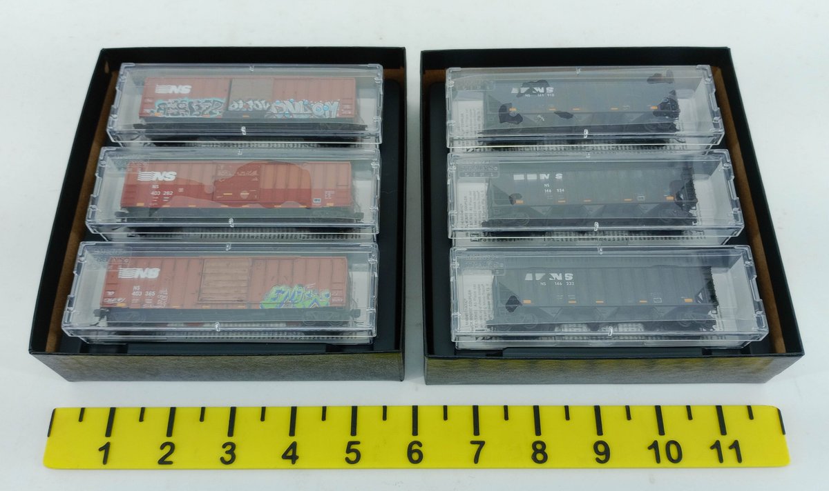 6 MICRO-TRAINS N SCALE NORFOLK SOUTHERN WEATHERED BOXCARS & HOPPERS 993 05 930 & 993 05 012, 2 OBS INV 263330737