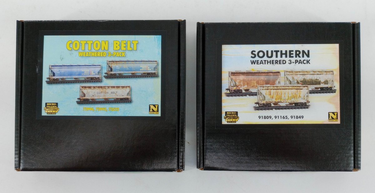 2 MICRO-TRAINS N SCALE WEATHERED 3-PACKS SOUTHERN & COTTON BELT COVERED HOPPERS, 2 OBS INV 263330741