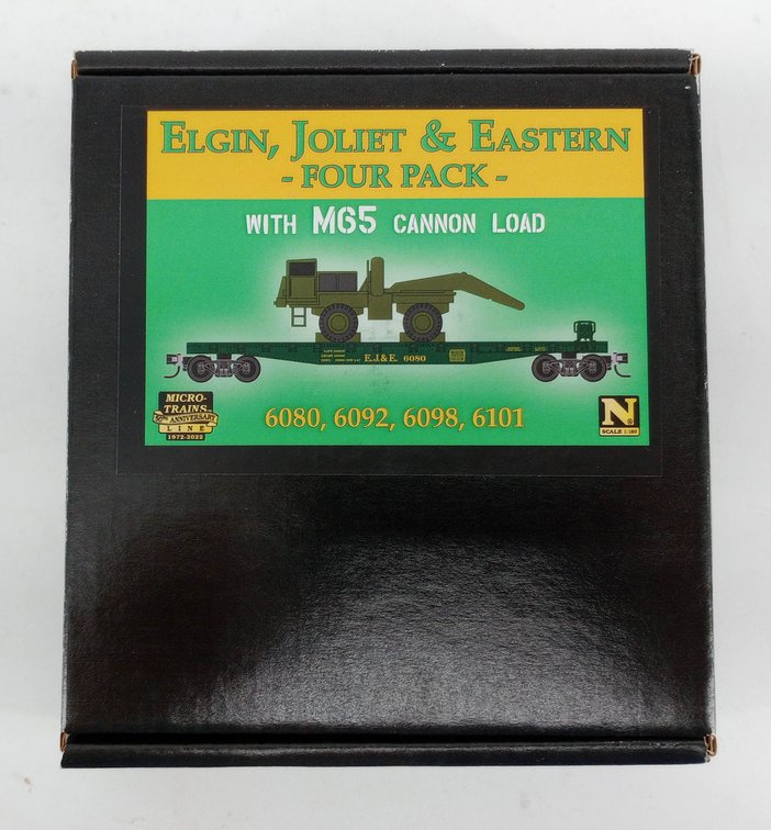 MICRO-TRAINS N SCALE 993 02 204 ELGIN, JOLIET & EASTERN 4 FLAT CARS W/ M65 CANNON LOAD, OB INV 263330743