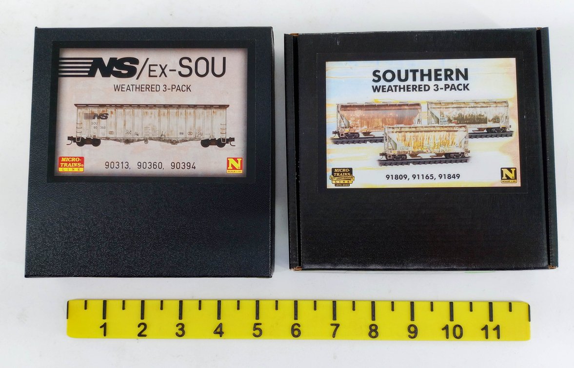 2 MICRO-TRAINS N SCALE NS/EX-SOU & SOUTHERN WEATHERED 3-PACKS, 6 CARS, 2 OBS INV 263330742