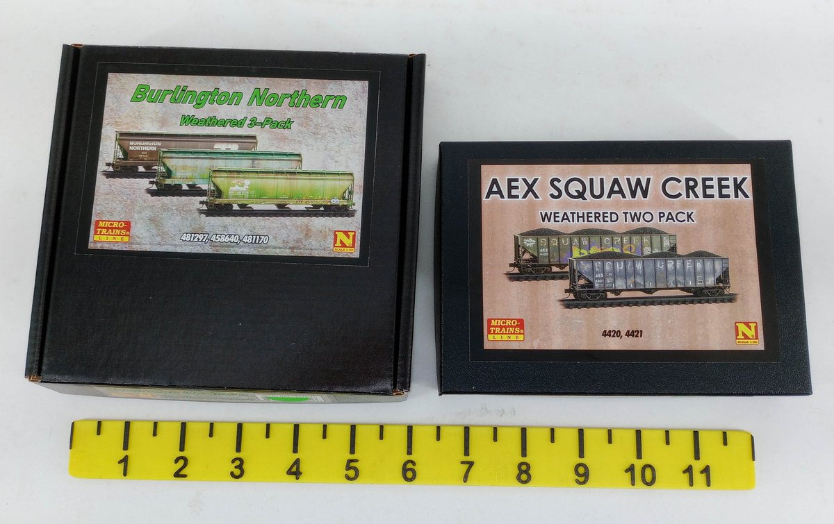 MICRO-TRAINS N SCALE BURLINGTON NORTHERN 3 HOPPERS & AEX SQUAW CREEK 2 HOPPERS WEATHERED, 2 OBS INV 263330747