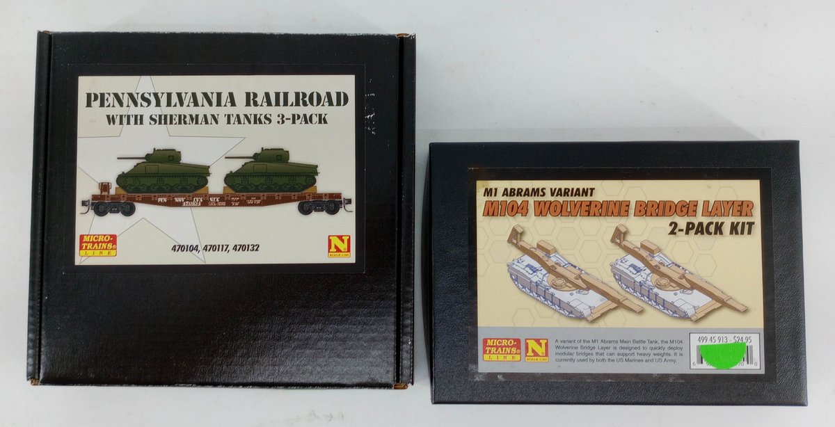 MICRO-TRAINS N SCALE PRR SHERMAN TANKS 3-PACK & M104 WOLVERINE BRIDGE LAYER 2-PACK KIT, 2 OBS INV 263330745