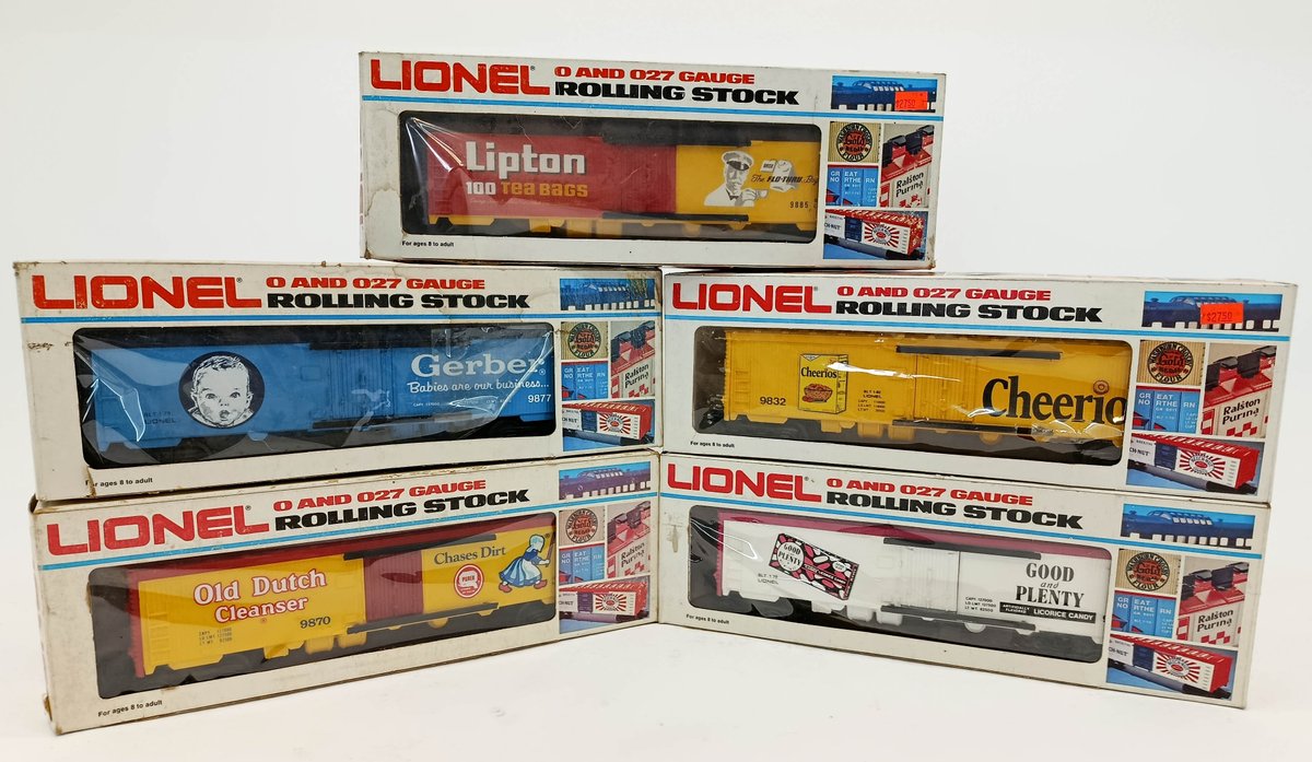5 LIONEL O & 027 GAUGE REEFERS LIPTON, GERBER, CHEERIOS, GOOD N PLENTY, DUTCH CLEANSER, 5 OBS INV 263380014