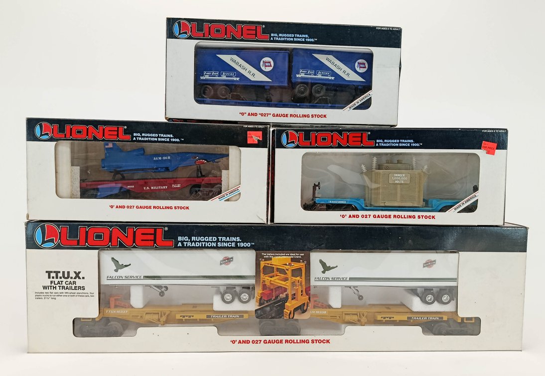 4 LIONEL O GAUGE FLATCARS: WABASH, TTUX, TRANSFORMER & MISSILE, 4 OBS INV 263380028