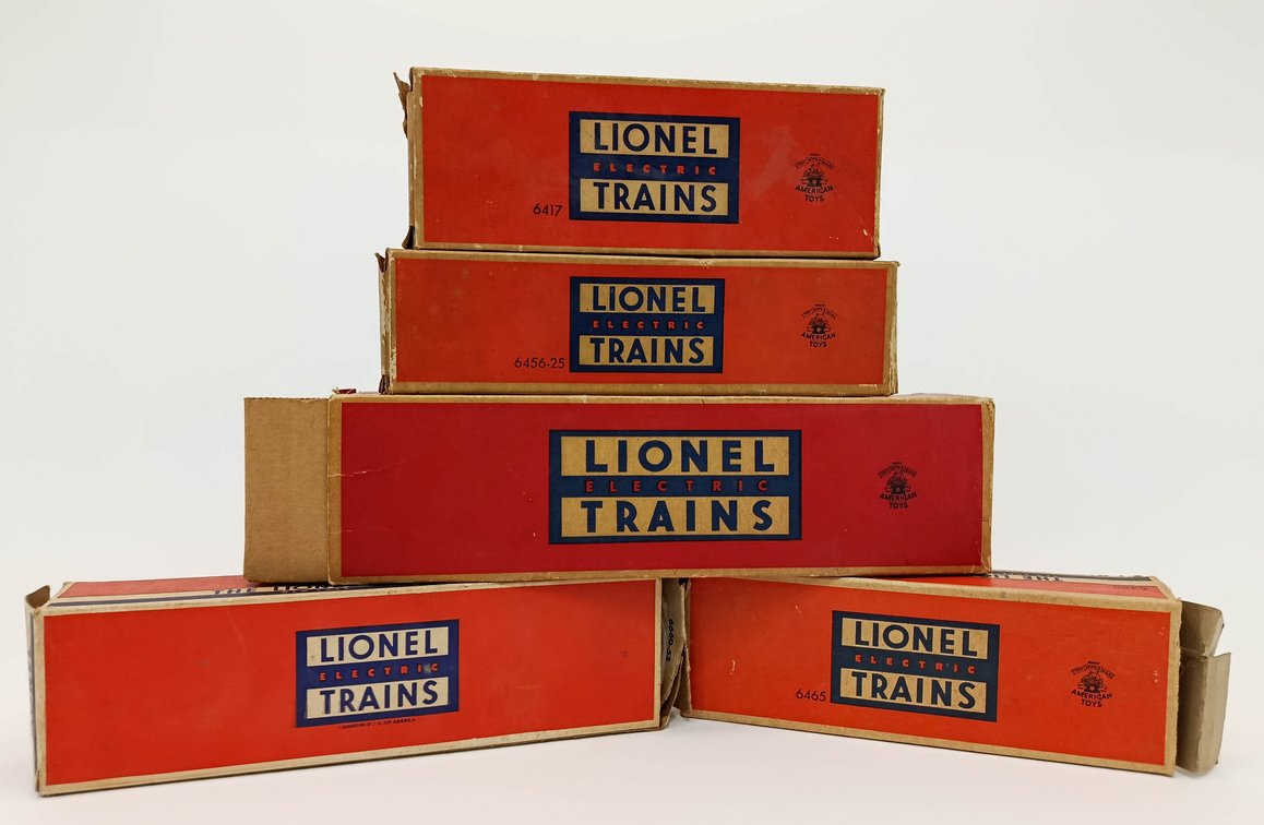 5 LIONEL O GAUGE 6417 CABOOSE, 6456 HOPPER, 6465 TANK CAR, 6560 & 6660 CRANE CARS, 5 OBS INV 263380030