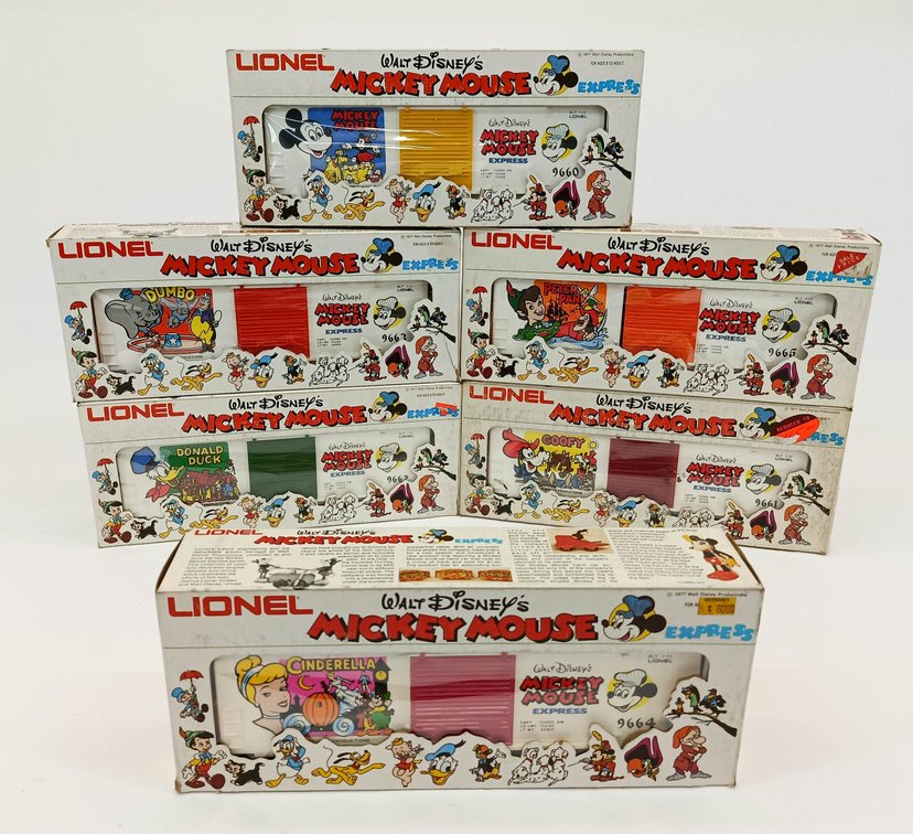 6 LIONEL O GAUGE 6-9660 TO 6-9665 MICKEY MOUSE EXPRESS HI-CUBE BOX CARS, 6 OBS INV 263380034