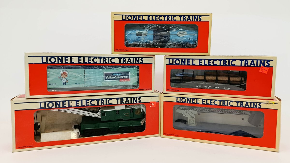 5 LIONEL O GAUGE SOUTHERN CRANE, FLATCAR, ALKA-SELTZER REEFER, DOMINO TANK & CHERRY PICKER, 5 OBS INV 263380036