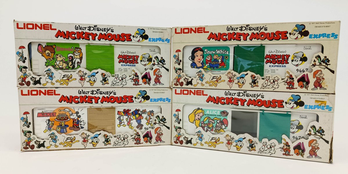 4 LIONEL O GAUGE MICKEY MOUSE EXPRESS 6-9667 6-9669 6-9670 6-9672 DISNEY BOX CARS, 4 OBS INV 263380038