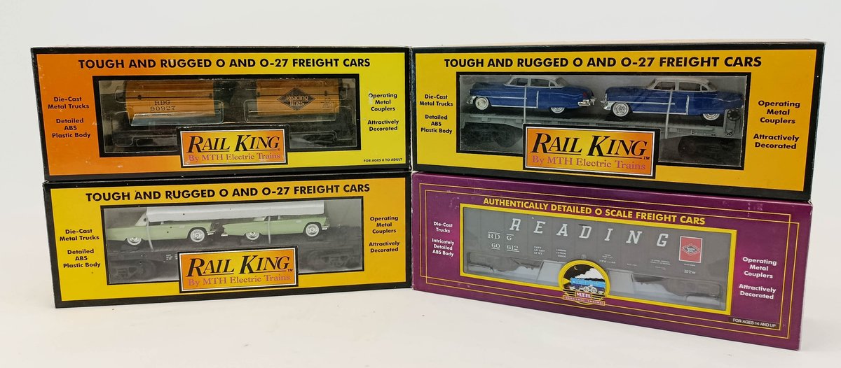4 MTH RAIL KING READING O GAUGE FREIGHT CARS, HOPPER, TANK, 2 AUTO TRANSPORT FLATS, 4 OBS INV 263380043