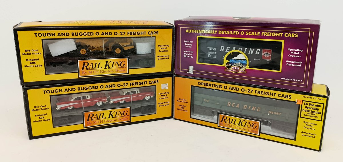 4 MTH RAIL KING O GAUGE READING & MTH FLAT CARS, HOPPER & DUMP CAR, 4 OBS INV 263380048