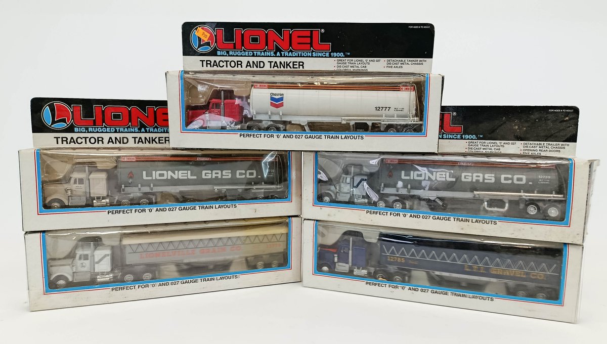 5 LIONEL O GAUGE TRACTOR & TRAILER TRUCKS, CHEVRON, LIONEL GAS CO, GRAIN, GRAVEL, 5 OBS INV 263380064