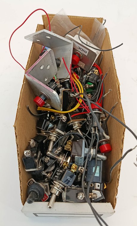 ASSORTED TOGGLE SWITCHES & RED PUSH BUTTONS W/ WIRES, ATLAS SWITCH CONTROL, BRACKETS INV 263380076