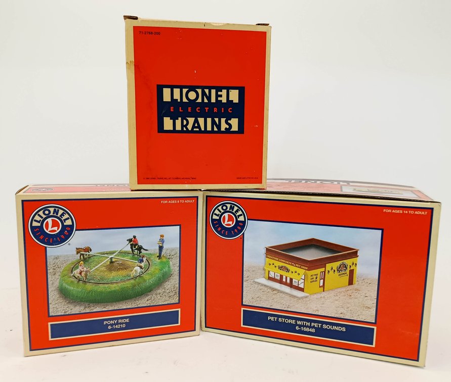 3 LIONEL O GAUGE ACCESSORIES: PONY RIDE, PET STORE & BURNING SWITCH TOWER, 3 OBS INV 263380079