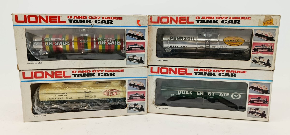 4 LIONEL O GAUGE TANK CARS LIFE SAVERS, PENNZOIL, DUPONT, QUAKER STATE, 4 OBS INV 263380080
