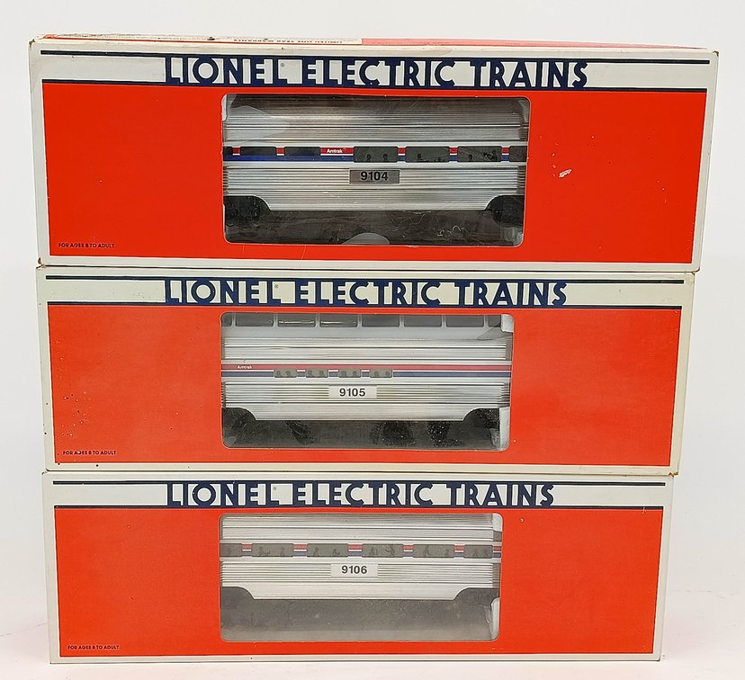 3 LIONEL O GAUGE 6-19104 6-19105 6-19106 AMTRAK DINING, DOME & OBSERVATION CARS, 3 OBS INV 263380084