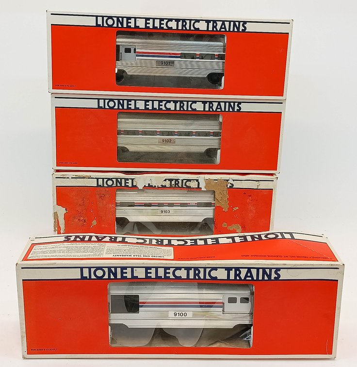 4 LIONEL O GAUGE 9100-9103 AMTRAK PASSENGER, COMBO, BAGGAGE & VISTA DOME CARS, 4 OBS INV 263380086