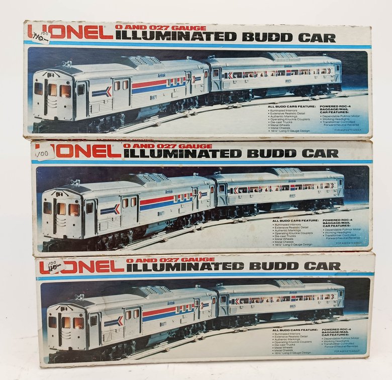 3 LIONEL O GAUGE 6-8870 & 6-8871 AMTRAK ILLUMINATED BUDD CARS RDC-1 & RDC-4, 3 OBS INV 263380095