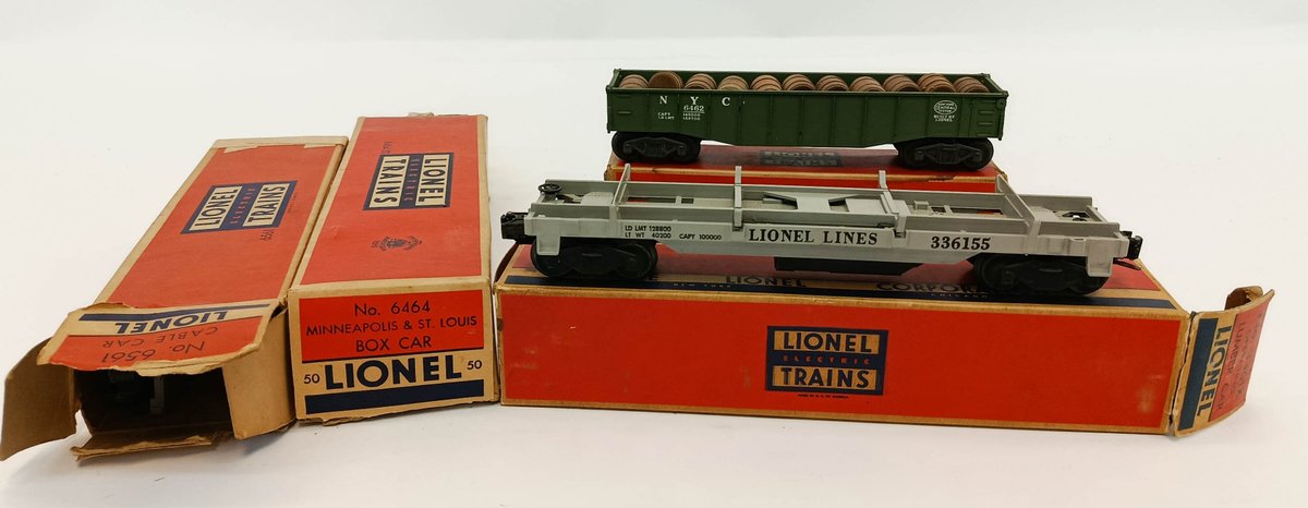 3 LIONEL O GAUGE NYC 6462 GONDOLA, 6464 M&STL BOXCAR & 336155 FLATCAR, 3 OBS INV 263380147