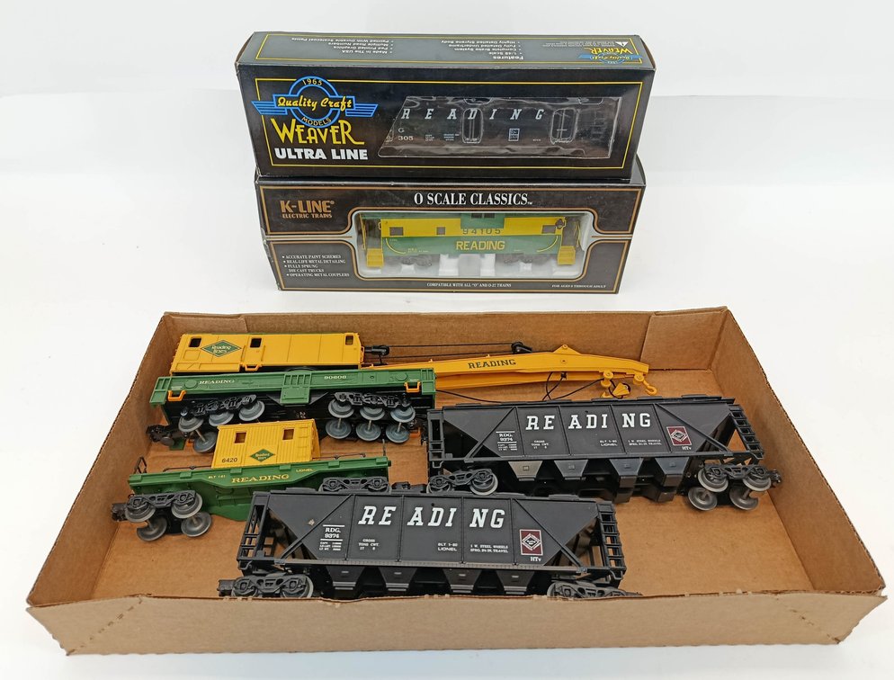 6 K-LINE & WEAVER O GAUGE READING CABOOSE & HOPPER, LIONEL CRANE & 2 HOPPERS, 2 OBS INV 263380167