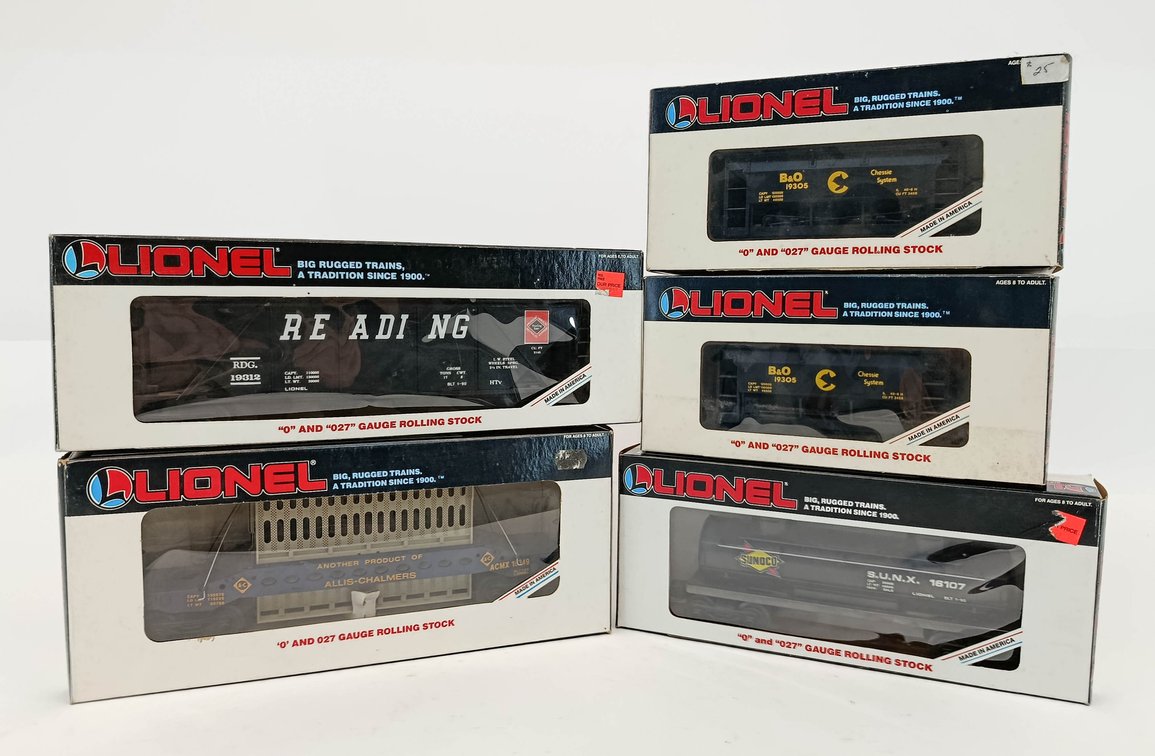 5 LIONEL O & 027 GAUGE CARS: READING HOPPER, SUNOCO TANK, ALLIS-CHALMERS, 2 CHESSIE ORE, 5 OBS INV 263380169