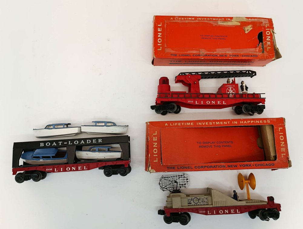 3 LIONEL O GAUGE 6416 BOAT-LOADER, 3540 RADAR SCOPE & 3512 LADDER CARS, 2 OBS INV 263380177
