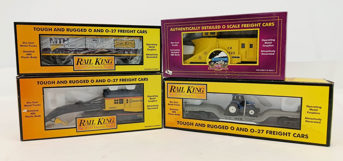 4 MTH RAIL KING O GAUGE FREIGHT CARS: CRANE, SNOW PLOW, BOX CAR & TRACTOR FLAT, 4 OBS INV 263380178