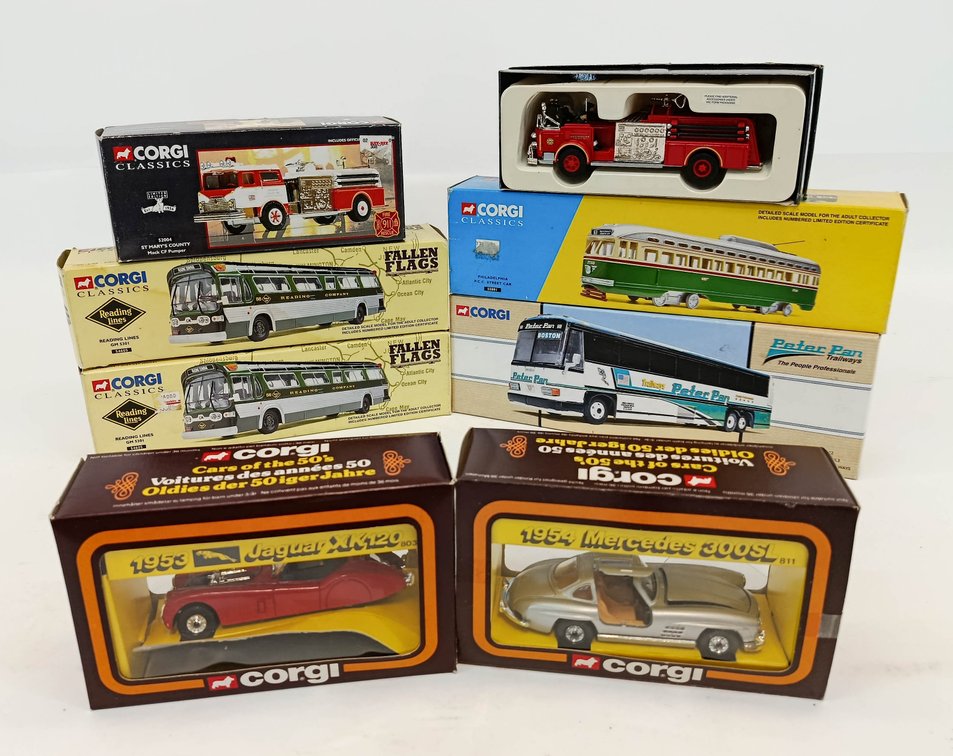8 CORGI CLASSICS DIE-CAST BUSES FIRE PUMPERS STREET CAR & 50'S CLASSICS CARS 8 OB INV 263380183