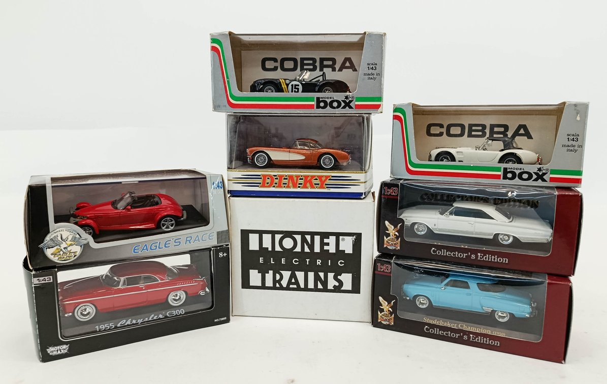 7 1:43 SCALE DIE-CAST CARS MODEL BOX COBRA DINKY CORVETTE MOTOR MAX ROAD LEGENDS & EAGLE'S RACE OB & ERTL INV 263380184