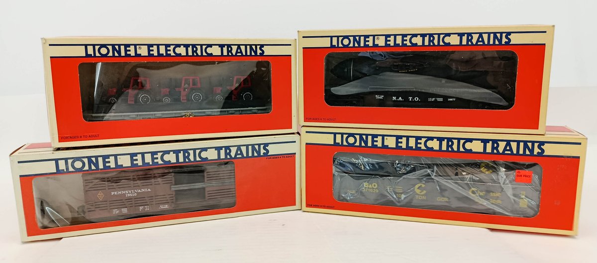 4 LIONEL O GAUGE FLATCARS, STOCK CAR & GONDOLA: 6-16677, 6-17515, 6-19510, 6-17403, 4 OBS INV 263380187