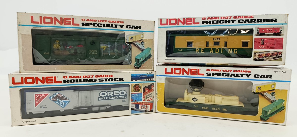 4 LIONEL O GAUGE READING CABOOSE & SEARCHLIGHT, OREO REEFER, AQUARIUM CAR, 4 OBS INV 263380188