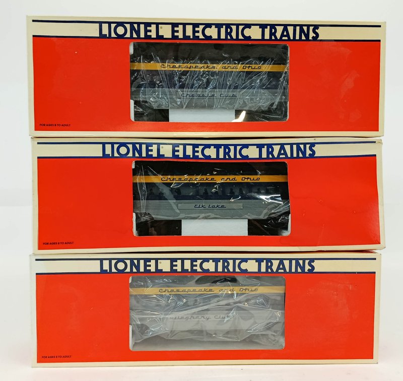 3 LIONEL O GAUGE 6-19147 6-19148 6-19150 CHESAPEAKE & OHIO ALUMINUM PASSENGER CARS, 3 OBS INV 263380189