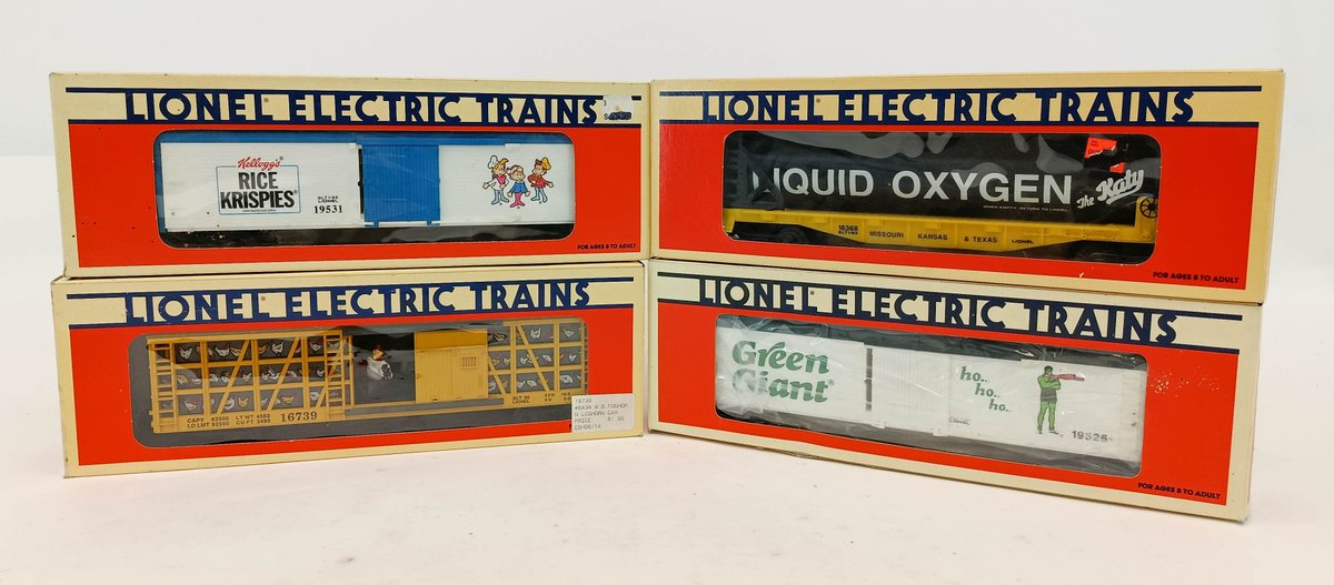 4 LIONEL O GAUGE RICE KRISPIES, GREEN GIANT, KATY & FOGHORN LEGHORN CARS, 4 OBS INV 263380191