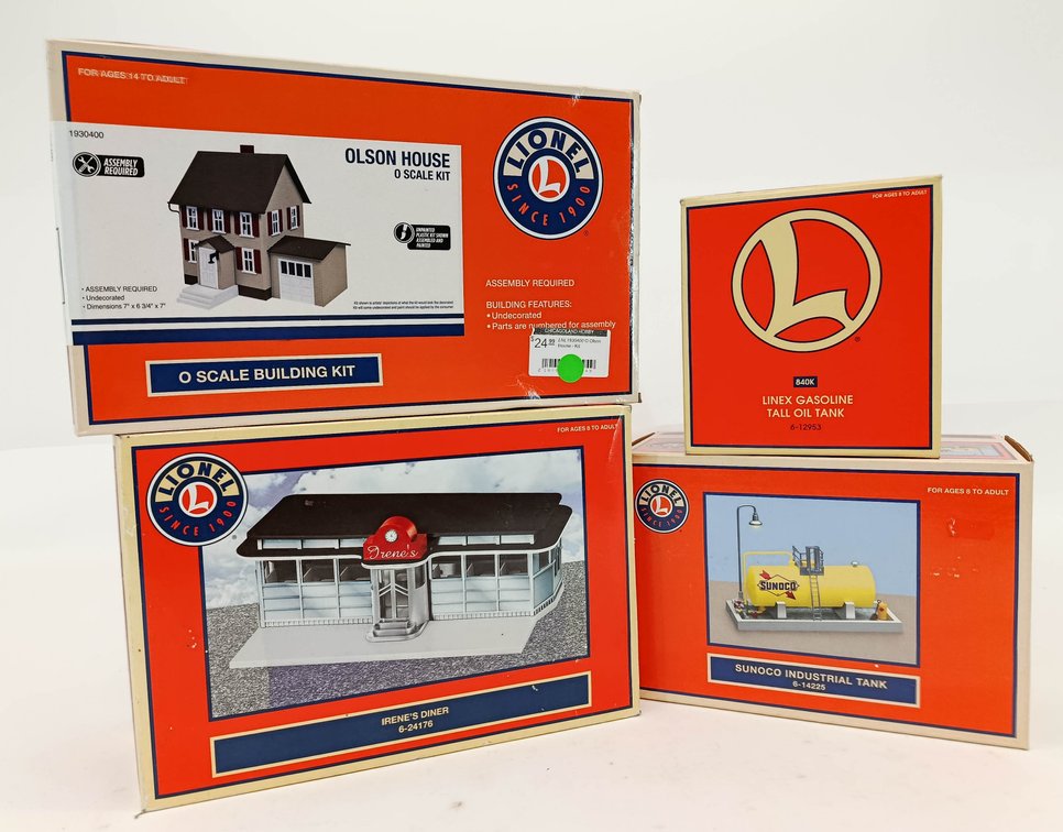4 LIONEL O GAUGE BUILDINGS: IRENE'S DINER, OLSON HOUSE KIT, SUNOCO & LINEX TANKS, 4 OBS NNC INV 263380194