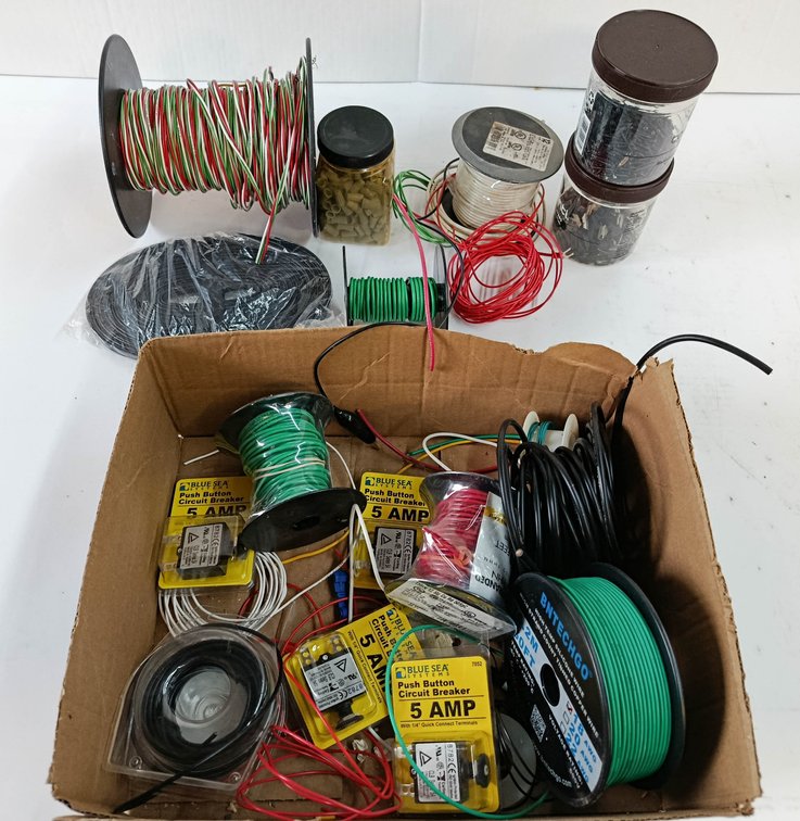 ASSORTED WIRE SPOOLS BNTECHGO SILICONE WIRE 4 BLUE SEA 5 AMP PUSH BUTTON CIRCUIT BREAKERS & WIRE NUTS SOME OBS INV 263380199