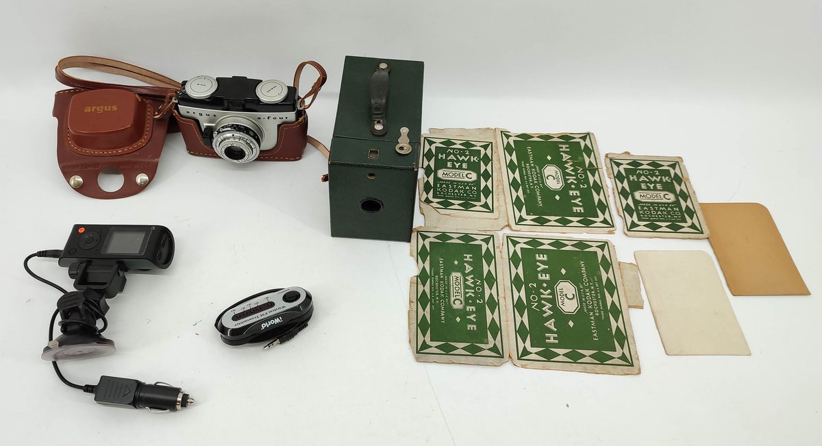 VINTAGE CAMERA'S ARGUS, HAWK KODAK, COBRA CAR DASH CAMERA, IWORLD WIRELESS FM TRANSMITTER  INV 262380422