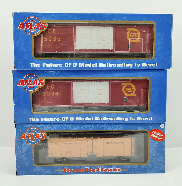 3- ATLAS 2-RAIL TRAIN CARS 2-FLORIDA EAST COAST BOX CARS & FRUIT GROWERS EXPRESS REEFER CAR OBS  INV 262380431