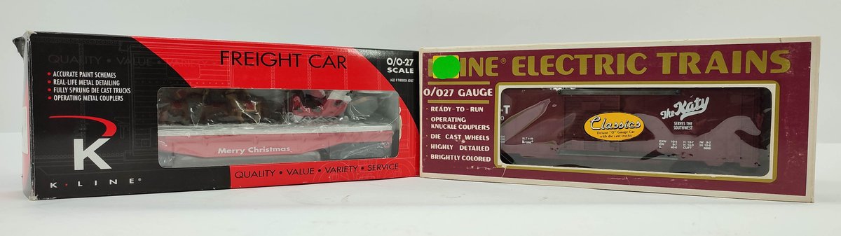K-LINE 2 TRAIN CARS K661-7401 CLASSIC CHRISTMAS FLATCAR W/ STAND & REINDEER OB, KATY MKT CLASSIC BOXCAR K-6426 OB  INV 262380441