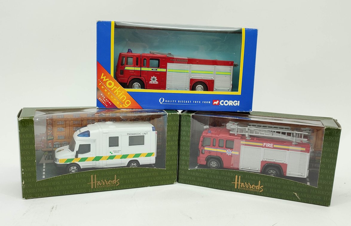 TOYS 3 VEHICLES CORGI VOLVO FIRE ENGINE 65901, 2 HARRODS AMBULANCE SERVICE, FIRE TRUCK OBS  INV 262380507
