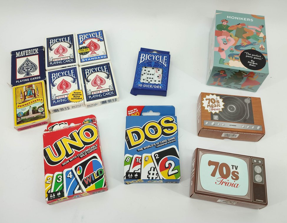 TOYS ASSORTMENT OF CARD GAMES & DICE, UNO, DOS, MONIKERS, TRIVIA, PLAYING CARDS  INV 262380521