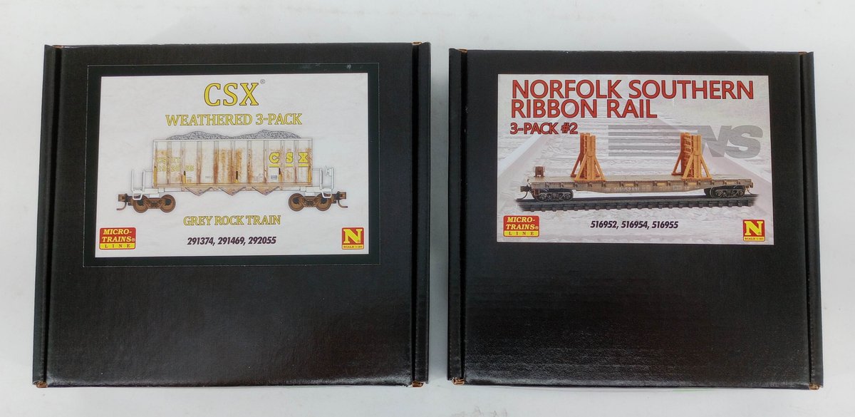 2 MICRO-TRAINS N SCALE 993 02 221 NS RIBBON RAIL & 983 02 208 CSX WEATHERED 3-PACKS, 2 OBS  INV 263330753