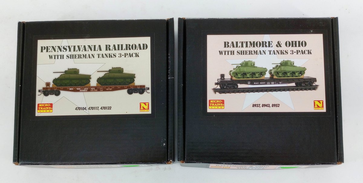 2 MICRO-TRAINS 993 02 217 & 218 PRR & B&O FLAT CARS W/ SHERMAN TANKS N SCALE, 2 OBS  INV 263330754