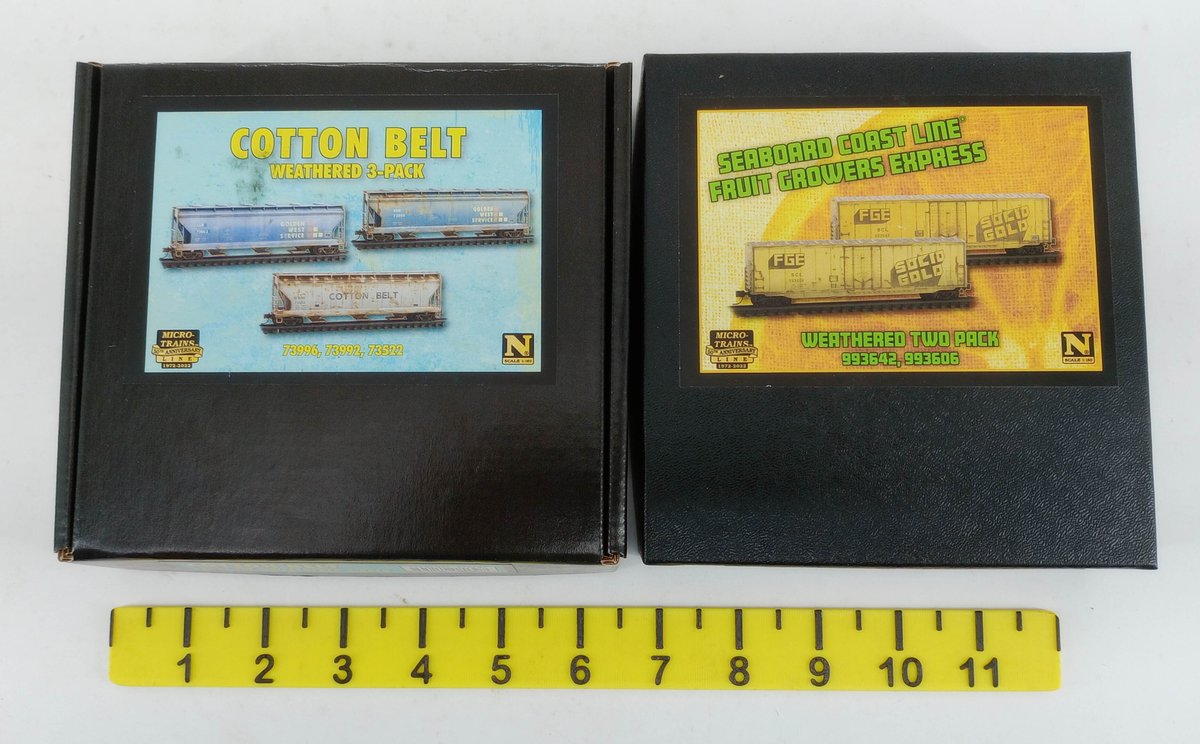 5 MICRO-TRAINS N SCALE WEATHERED SEABOARD COAST LINE BOXCARS & COTTON BELT HOPPERS, 2 OBS  INV 263330762