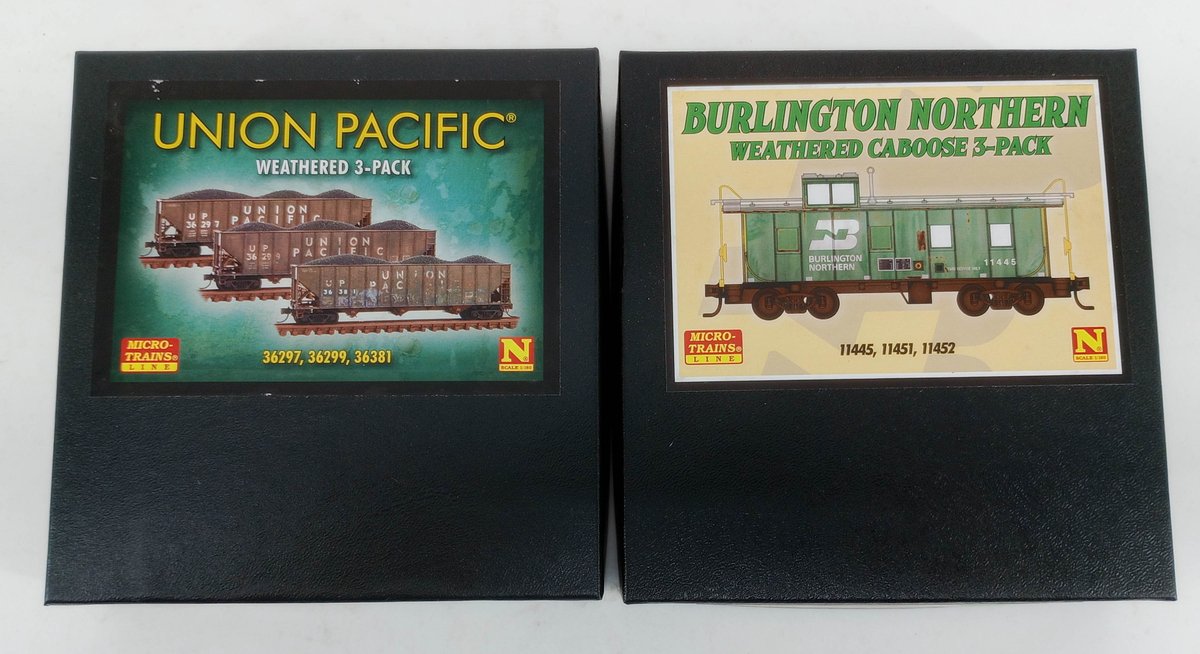 2 MICRO-TRAINS N SCALE WEATHERED 3-PACKS, UNION PACIFIC HOPPERS & BURLINGTON NORTHERN CABOOSES, 2 OBS  INV 263330759