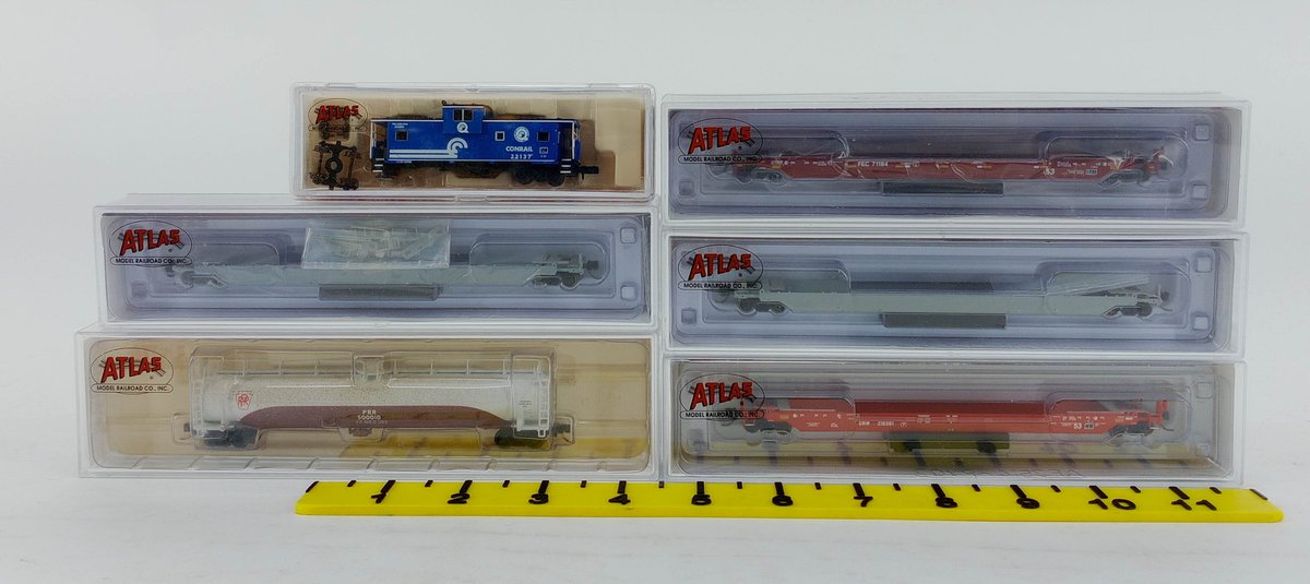 6 ATLAS N SCALE WELL CARS, TANK CAR & CONRAIL CABOOSE, 6 OBS  INV 263330771