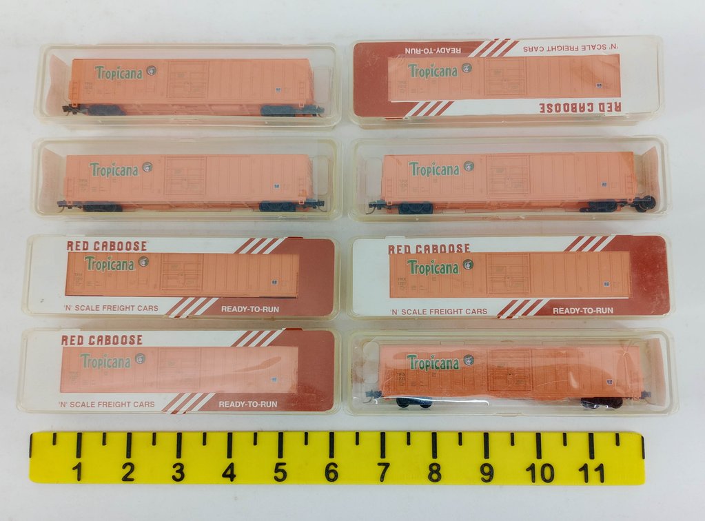 8 RED CABOOSE N SCALE PC&F TROPICANA 62' INSULATED BOX CARS, 8 OBS  INV 263330775