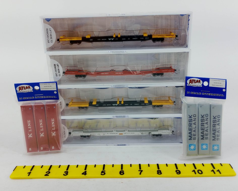 4 TRAINWORX N SCALE FLEXI-VAN & G85 CONTAINER CARS W/ 6 ATLAS CONTAINERS, OBS  INV 263330777