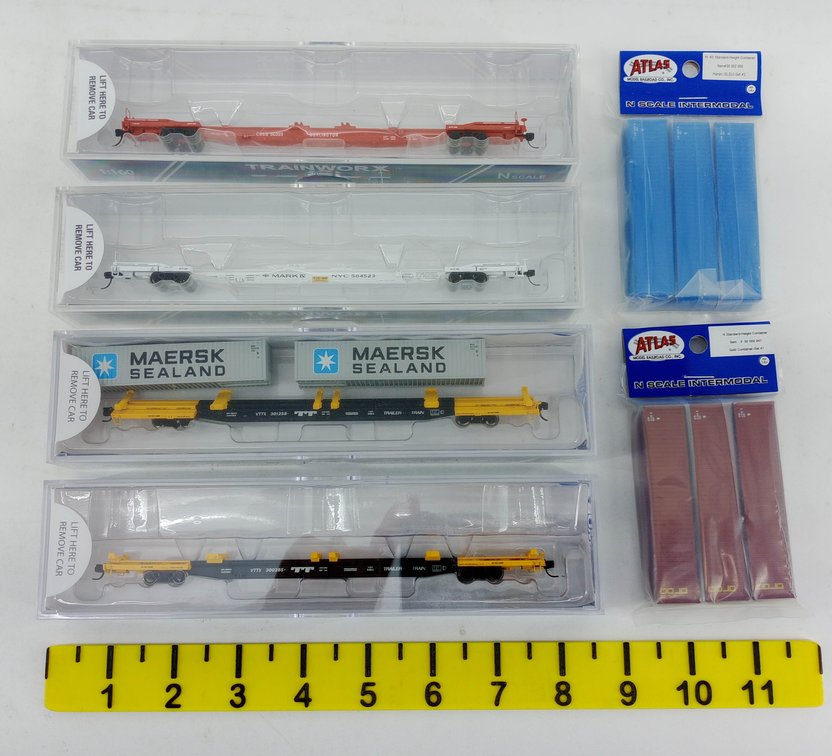 4 TRAINWORX N SCALE FLEXI-VAN & G85 CONTAINER CARS W/ 2 ATLAS CONTAINER SETS, 6 OBS  INV 263330776