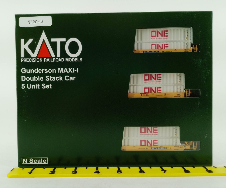 KATO 106-6197 TTX GUNDERSON MAXI-I DOUBLE STACK CARS W/ ONE CONTAINERS, N SCALE, OB  INV 263330789