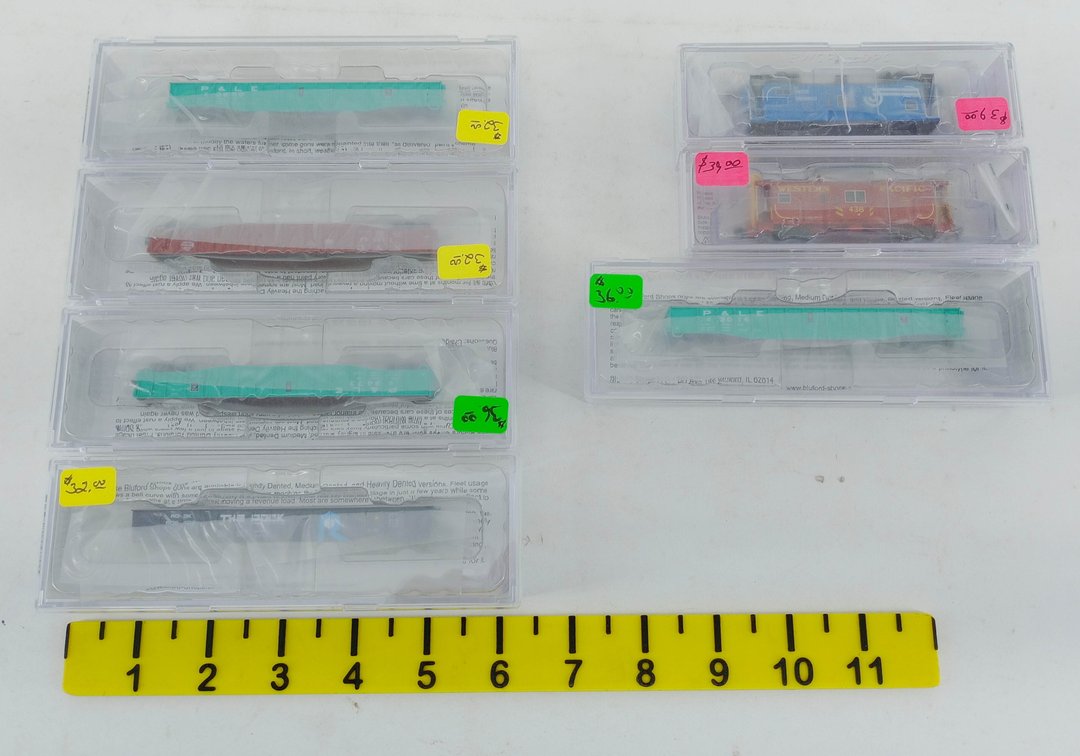 7 BLUFORD SHOPS N SCALE P&LE, NYC, ROCK GONDOLAS & CONRAIL, WP CABOOSES, 7 OBS  INV 263330791