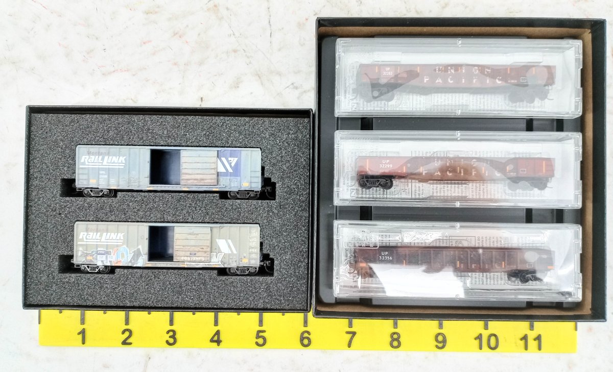 5 MICRO-TRAINS N SCALE UNION PACIFIC GONDOLAS & MONTANA RAIL LINK BOXCARS, WEATHERED, 2 OBS INV 263330814